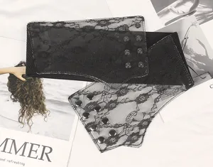 Detailed view of a elegant black lace elastic wide belt with snap buttons for women.