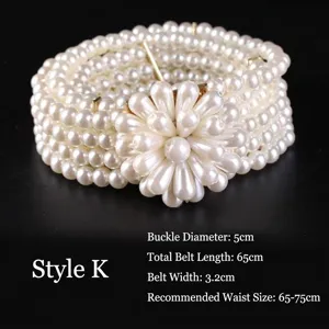 Detailed view of an elegant four-row pearl elastic belt featuring a decorative floral buckle.