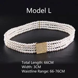 Close-up detail of a vintage four-row pearl elastic belt with square rhinestone buckle