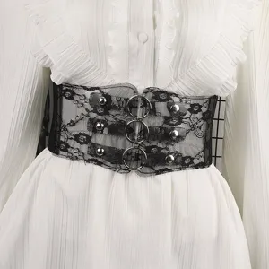 Detailed view of wide black lace elastic corset belt with silver rings and metal studs