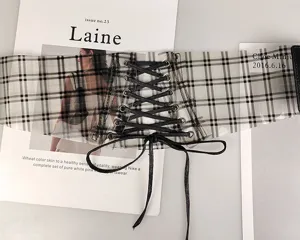 Detail of transparent plaid mesh corset belt with black lace-up front design