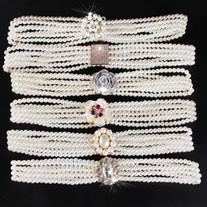 Vintage Elegant Artificial Pearl Elastic Belt For Women Luxury Rhinestone Flower Buckle Four Row Pearl Waist Chain Corset Belt