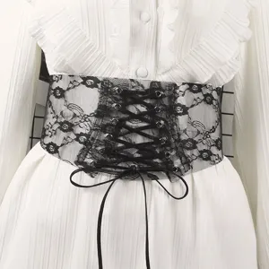 Elegant wide black lace elastic corset belt with front lace-up detail for Lolita style dresses