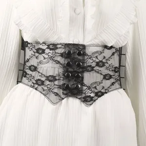 Elegant black lace corset belt for women, Lolita style wide elastic waistband for dresses