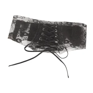 Elegant wide black lace corset belt with adjustable front lace-up and elastic back