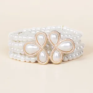 Elegant 4-row pearl elastic belt with vintage gold flower buckle for women dresses