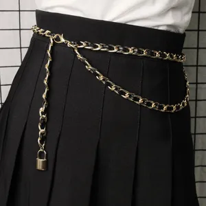 Close-up of a double-layer gold chain waist belt with black leather and padlock charm.