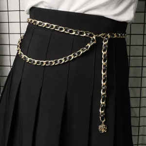 Layered Metal Chain Belt For Women Camellia Pendant Woven Leather Waist Chain For Dresses Elegant Fashion Waist Link Belt
