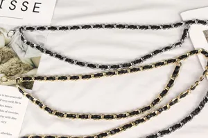 Multilayer metal waist chain belt with black leather interwoven for women's dresses
