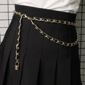 Women's Elegant Double Layer Metal Chain Belt With PU Leather Interwoven Strap And Lock Pendant Fashion Waist Chain Accessory