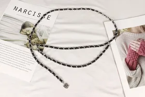 Elegant double-layered silver metal chain belt with black leather weave and camellia pendant