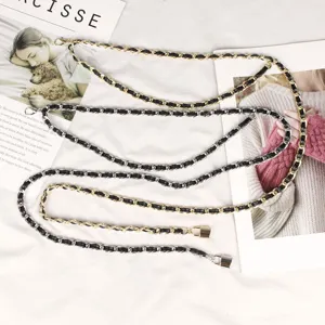 Elegant double-layered metal chain belt with black leather weave for women's dresses.