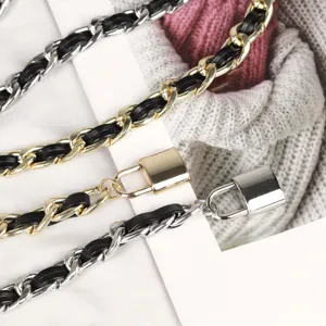 Double-layered gold and silver metal chain waist belt with padlock pendants for dresses