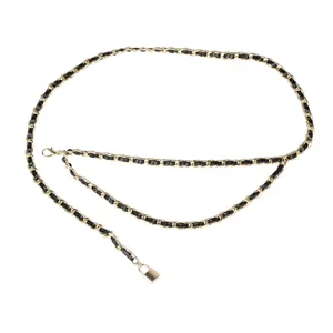 Double-layer gold metal chain belt with woven black leather and padlock charm