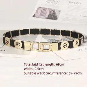 Vintage elastic black waist belt with gold metal snowflake charms for women's dresses