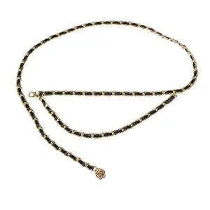 Elegant multilayer gold chain belt with black leather weave and camellia flower charm