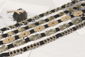 Collection of elegant thin elastic waist belts with various gold metal buckle designs