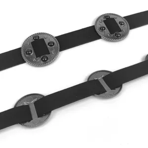 Vintage Bohemian style black waist chain belt featuring ornate ethnic metal disc inlays
