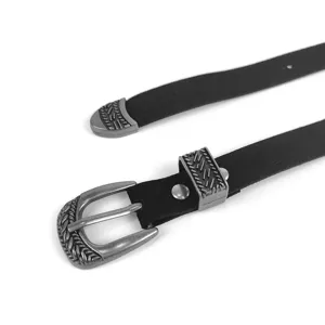 Vintage Bohemian black belt with ethnic embossed silver metal buckle for jeans