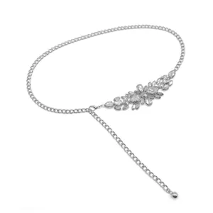 Elegant silver chain belt for women featuring sparkling rhinestone floral decorations