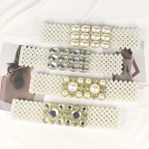 Elegant elastic pearl waist belts with sparkling rhinestone buckles in four styles