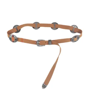 Vintage Bohemian ethnic style brown suede belt with decorative metal conchos for jeans