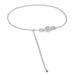 Elegant silver chain belt for women with sparkling rhinestone floral inlay details