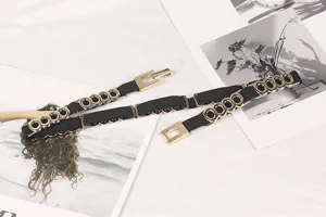 Elegant thin black elastic waist belt for women with decorative gold-toned metal links