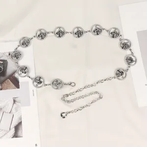 Elegante cintura a catena in metallo argentato con dettagliati ciondoli circolari a fungo