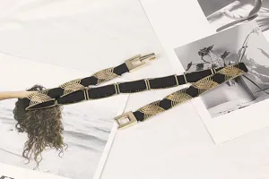 Macro view of women's golden woven metal elastic belt showing intricate design details