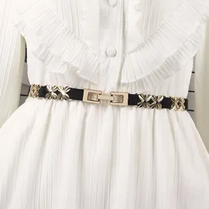 Fashionable black elastic waist belt for women with gold metal flower decorations