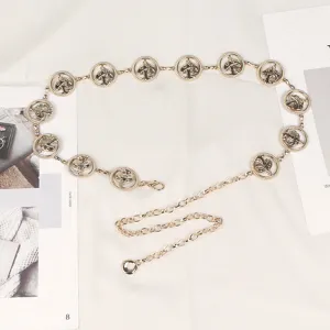 Elegante cintura a catena in metallo dorato con ciondoli circolari a forma di fungo