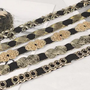 Set of fashionable elastic skinny belts with various gold metal buckles for women