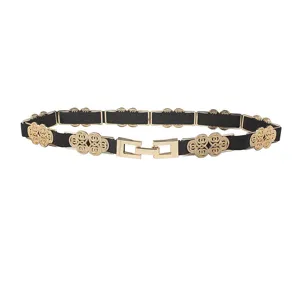 Elegant black elastic belt for women with gold-toned metal filigree accents and clasp.