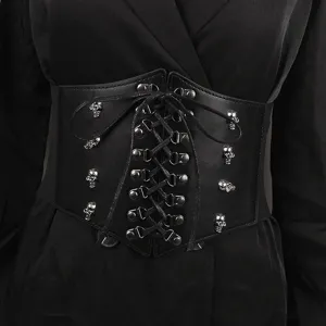 Ceinture corset élastique noire avec laçage frontal et clous tête de mort argentés