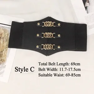 Ceinture corset élastique noire large avec trois boucles de chaîne dorées pour femmes