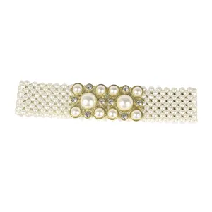 Elegant white pearl elastic waist belt with sparkling rhinestone buckle decor for women.