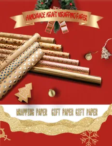 Vue détaillée de rouleaux de papier kraft vintage avec des motifs festifs.