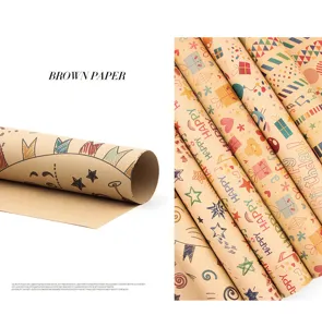 Detail van verschillende patronen van bruin kraftpapier met muzieknoten en sterren.