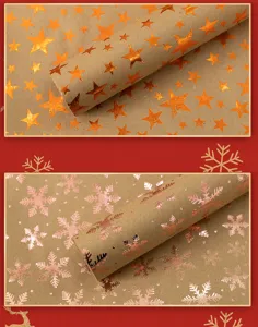 Vue détaillée des motifs d'étoiles et de flocons dorés sur papier kraft cadeau