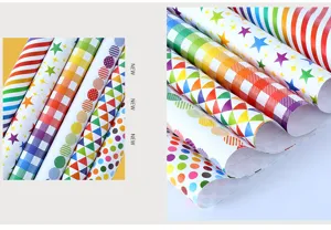 Nahaufnahme verschiedener geometrischer Muster auf bunten Geschenkpapierrollen für Geschenke