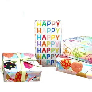 Papel de regalo metálico láser con globos de colores e impresiones Happy Birthday