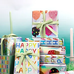 Papel de regalo holográfico láser con motivos de globos y helados para fiestas