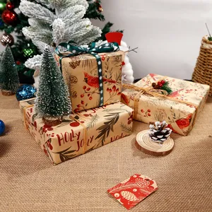 Festive Christmas kraft gift wrapping paper set with vintage holiday illustrations