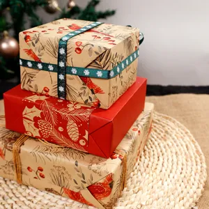 Christmas kraft gift wrapping paper set with cardinal and pine needle patterns