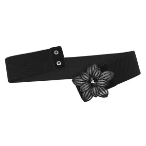 Elegant black elastic waist belt for women decorated with a large rhinestone flower ornament