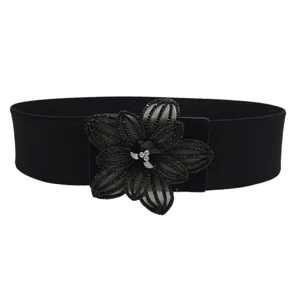 Elegant black elastic waist belt for women with large rhinestone floral buckle decoration