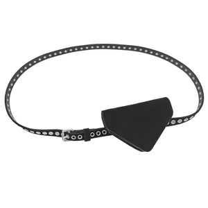 Elegant black suede waist belt featuring a triangular pouch and silver metal grommets