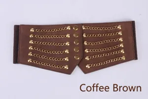Modischer kaffeebrauner breiter elastischer Korsettgürtel mit Goldketten und Nieten im Punk-Stil