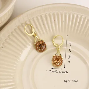 Detail view showing dimensions of elegant gold-plated champagne zirconia dangle earrings